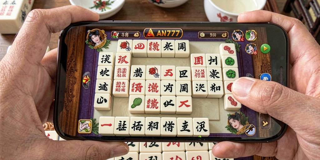 Tangkapan layar gameplay AN777 yang menampilkan ubin Mahjong yang berwarna-warni.