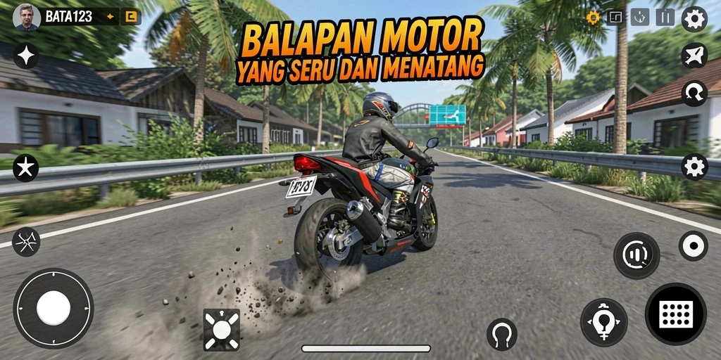 Gameplay mendebarkan dengan motor balap yang cepat.