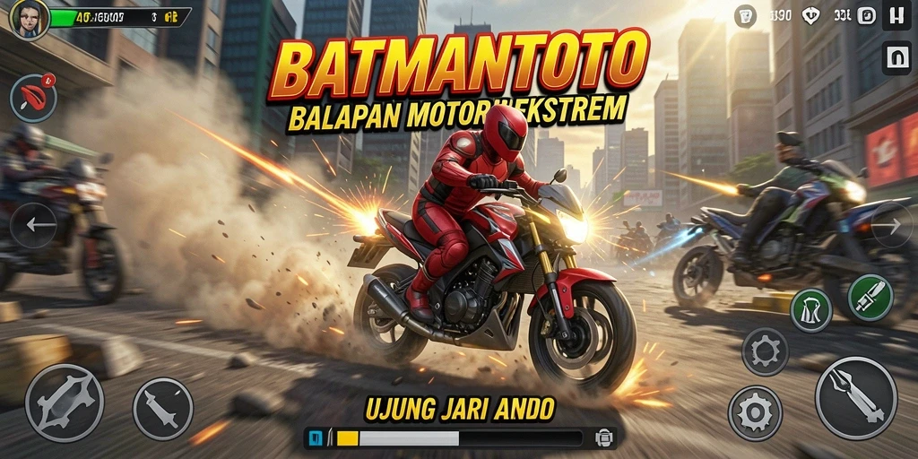 Screenshot gameplay <strong>BATMANTOTO</strong> menunjukkan aksi balapan motor yang mendebarkan.
