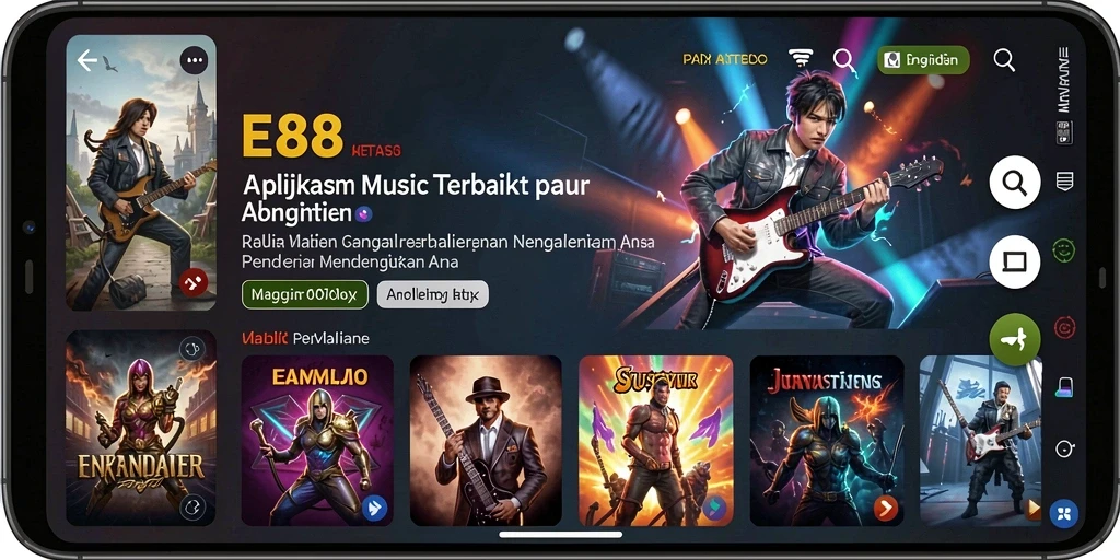 Screenshot utama E88 menampilkan antarmuka pengguna yang menarik dengan daftar lagu.