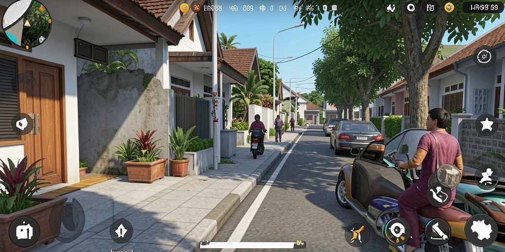 Screenshot menunjukkan karakter dalam permainan simulasi HR89 dengan latar belakang yang menarik.