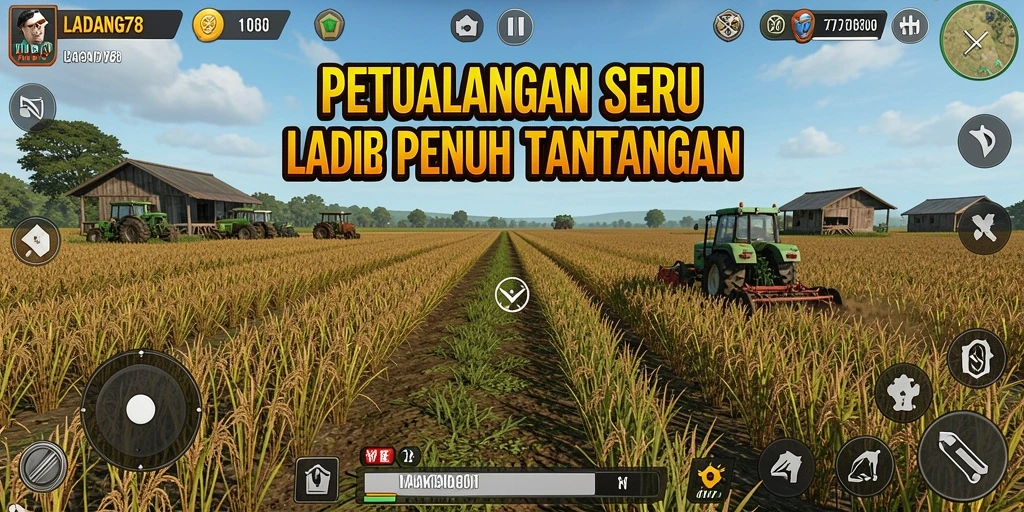 Screenshot utama LADANG78 menampilkan karakter menjelajahi ladang penuh tantangan.