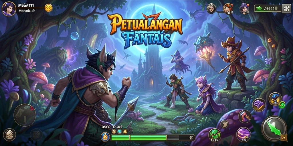 Screenshot MEGA111 menampilkan karakter menjelajah dunia fantastis yang penuh warna.