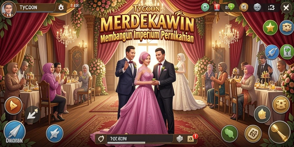 Tangkapan layar gameplay MERDEKAWIN dengan desain pernikahan yang kreatif.