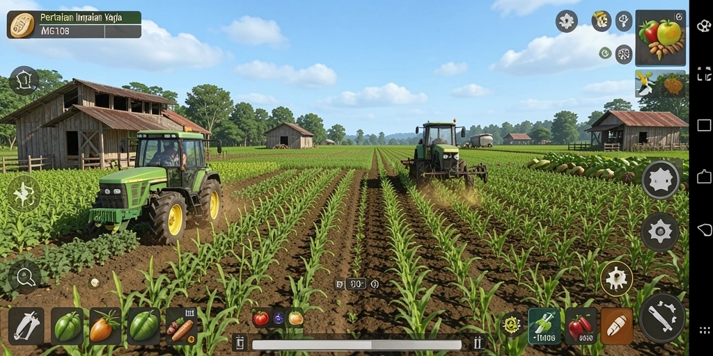 Screenshot gameplay MG108 menunjukkan suasana pertanian yang hidup dan penuh warna.