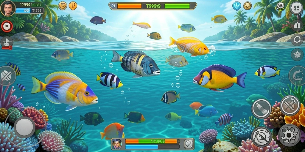 Tangkapan layar menampilkan aksi tembak ikan di bawah laut.