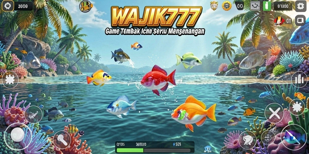 Tangkapan layar utama WAJIK777 menampilkan aksi seru di lautan bawah.